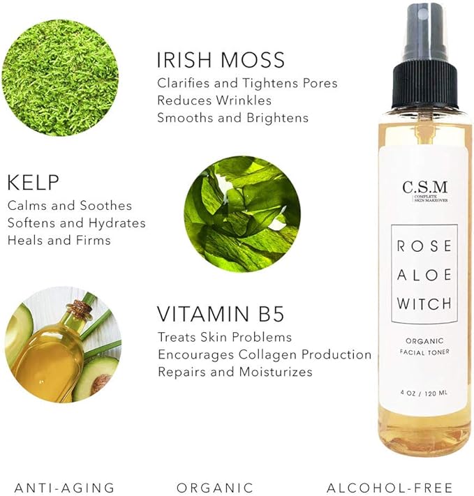 CSM Organic Alcohol-Free Witch Hazel Face Toner with Rose Water, Aloe Vera - Minimizes Pores, Soothes Skin for a Fresh, Clear Complexion - Easy Mist Spray - RAW Facial Toner - Made in The USA