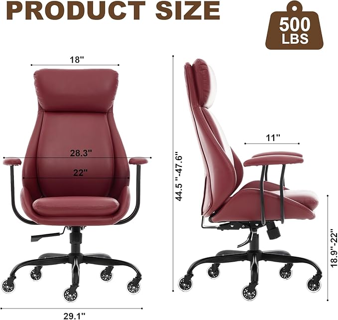 Office Chair, Leather Desk Chair with Rubber Wheels, Ergonomic Computer Chair 500 LBS with Lumbar Support, High Back Executive Chair for Modern Home Office, Red