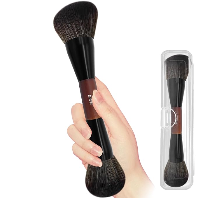 JILIER Double Ended Blush Powder Brush, Duo Bronzer Brush Highlighter, Foundation Contour Brush, for Liquid, Cream, Powder,Blending, Buffing –Premium Bristles, Natural Wood Handle makeup brushes