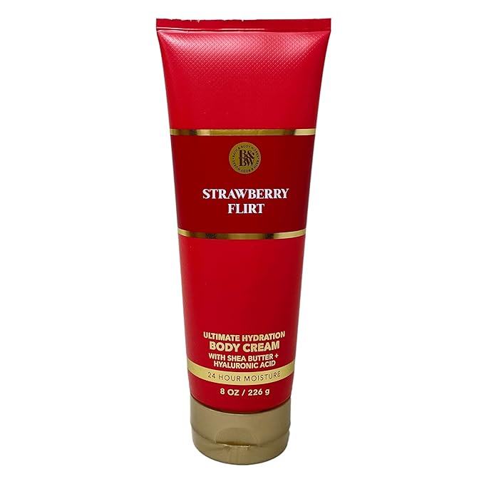 Bath & Body Works Strawberry Flirt Trio Gift Set - Body Cream, Fragrance Mist and Body Wash - with a 4 oz Marbela Clay Baby Bar Soap - Full Size