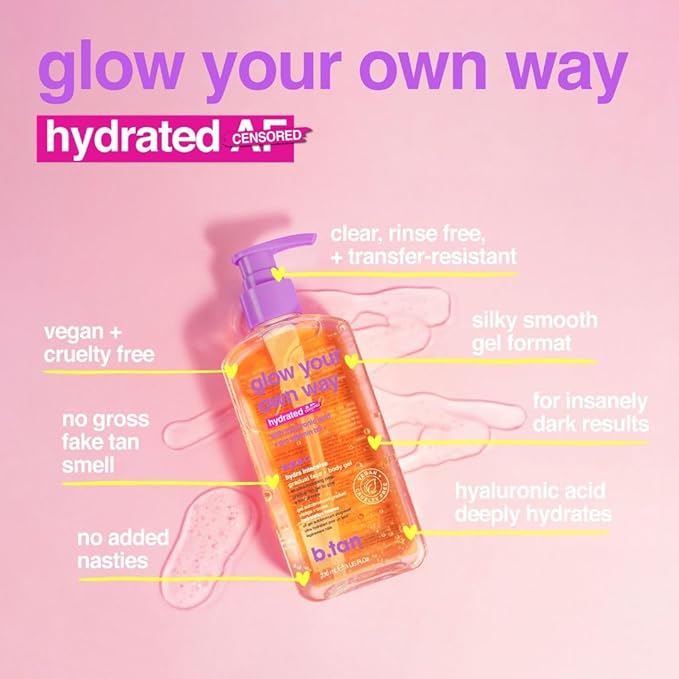 b.tan Face & Body Clear Self Tan Gel | Glow Your Own Way Hydrated - Ultra Hydrating, Transfer-Resistant, Gradual Sunless Tanning Gel for Face and Body, Vegan, Cruelty Free Self Tanner, 8 Fl Oz