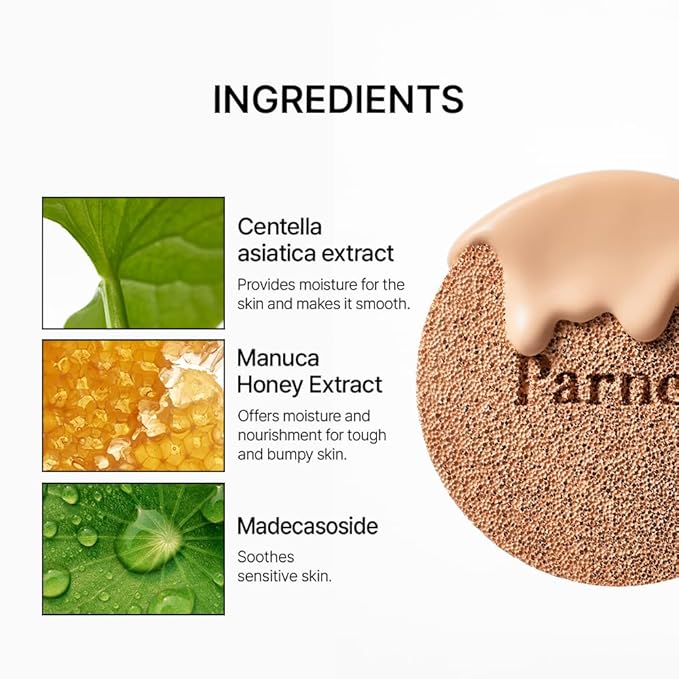 Parnell Cicamanu Serum Cushion - Moisturizing Foundation for Soothing, Coverage, Glass Skin and Lightweight for Sensitive and Dry Skin Pearl Skin (0.52 Fl Oz) (34W)