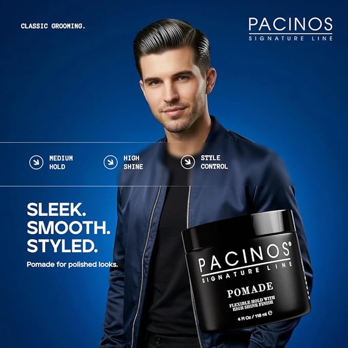 Pacinos Pomade - Flexible Hold, Frizz Control - High Shine Pomade for All Hair Types - 4oz