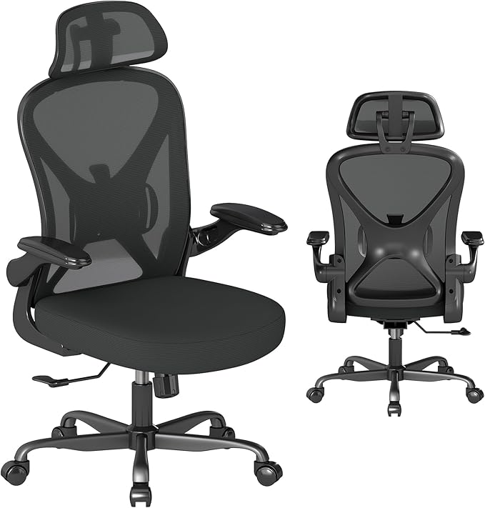 Ergonomic Office Chair with Adjustable Lumbar Support and Headrest, Mesh Home Office Desk Chair with Flip-up Arms and Wheels, Black