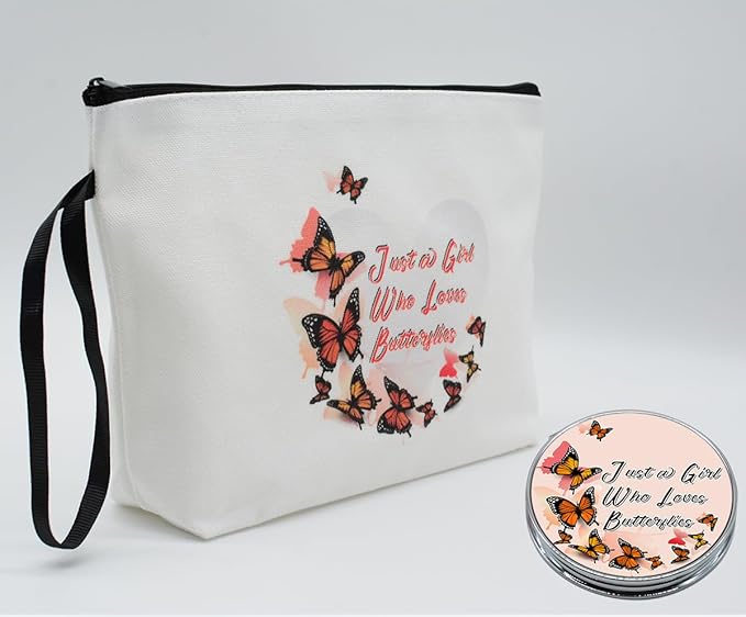 Personalized butterfly love heart Makeup Bag set with Mirror for Women, white Butterfly travel Cosmetic bag kit for Bride Bridesmaid with pink brush set,Butterflies Gifts for Women Mom femal Friends