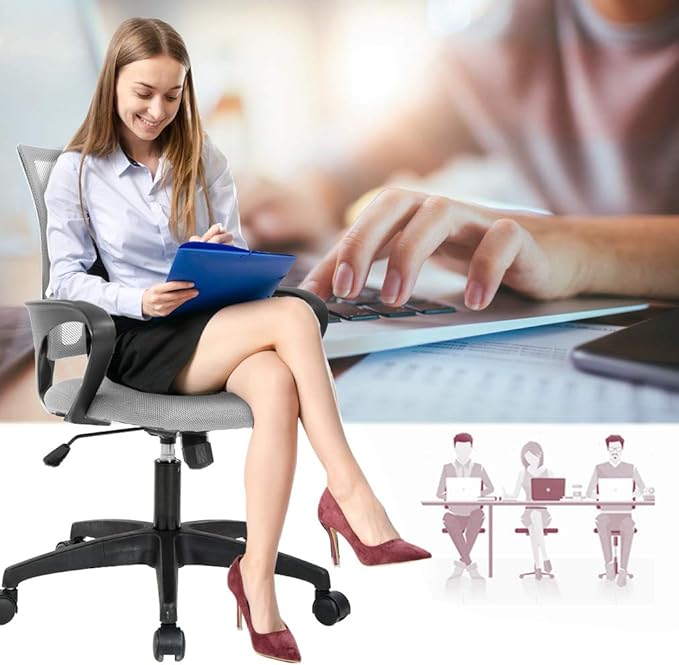 BestOffice | Ergonomic Office Chair | Mid-Back Swivel Desk Chair | Breathable Backrest & Lumbar Support | Adjustable Height | Sponge Seat | Rolling Wheels | Grey | for Adults & Women | Pack of 2