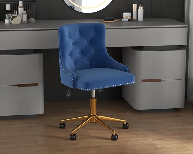 Velvet Armless Home Office Desk Chair, Swivel Height-Adjustable Small Cute Vanity Chair for Women/Girls, Comfy Makeup Chair with Rivet and Gold Base for Living Room, Bedroom(Blue)