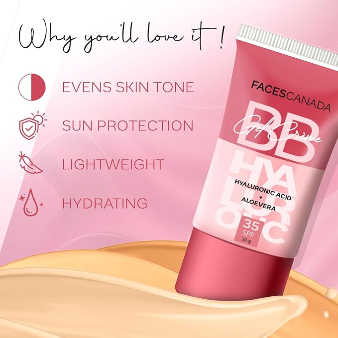 FACESCANADA SPF 35 BB Cream with Hyaluronic Acid & Aloe Vera | Hydrating Lightweight Makeup Base | Sheer Coverage Skin Tint for Even Looking Tone | Natural Finish Daily Face Makeup | 1.06 Oz (30g)