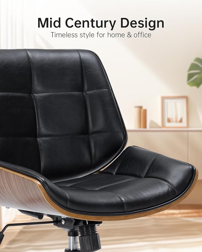 Leather Home Office Chair No Arms,Armless Adjustable Height Small Desk Chair,Swivel Computer Chair with Wheels,Mid-Century Modern Walnut Mid Back Chair for Office, Reading Room,Bedroom(Black)