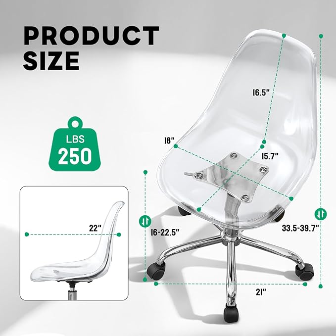 Lessmore Clear Acrylic Desk Chair, Modern Small Acrylic Home Office Chairs with Wheels, Armless Swivel Vanity Rolling Chair for Office, Home (Silver)