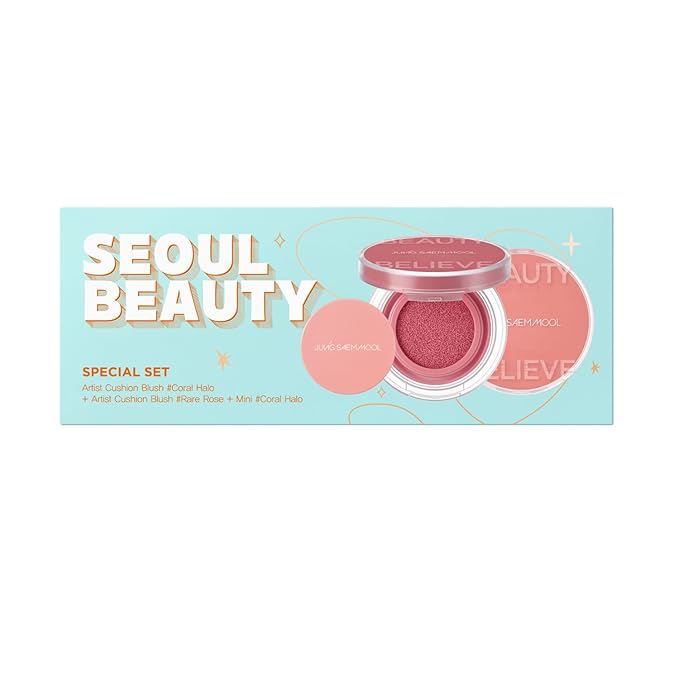 JUNG SAEM MOOL Artist Cushion Blush | Easy to Blend with Puff, Buildable Liquid Blush for Cheeks with a Natural & Dewy Finish, Korean Makeup (Dewy Gift Set | Coral Halo & Rare Rose)