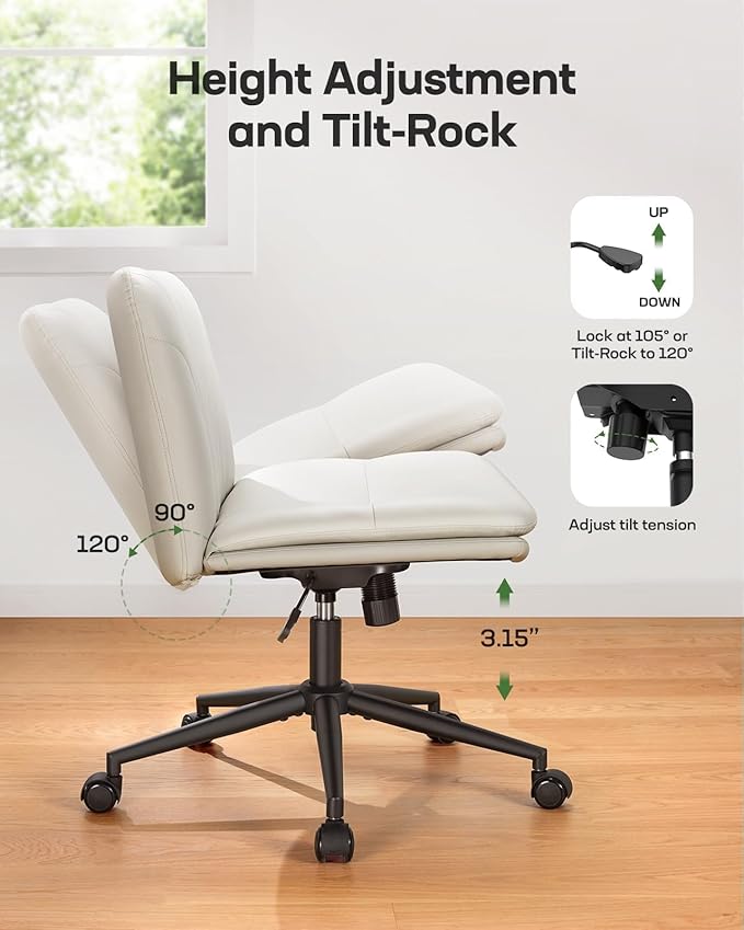 Marsail Armless-Office Desk Chair with Wheels: PU Leather Cross Legged Wide Chair,Comfortable Adjustable Swivel Task Chairs for Home,Office,Make Up,Small Space,Bed Room(Light Beige)