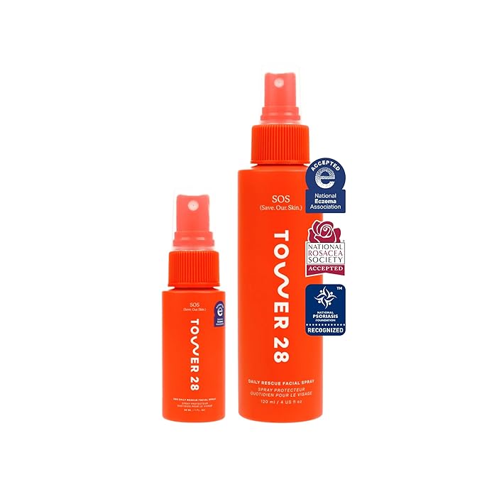 Tower 28 SOS Daily Rescue Facial Spray - Hypochlorous Acid Spray to Help Reduce Redness, Calm Irritation + Alleviate Flare-Ups - Purifying Face Toner Duo - Full + Travel Size Skin Care (2 Count)
