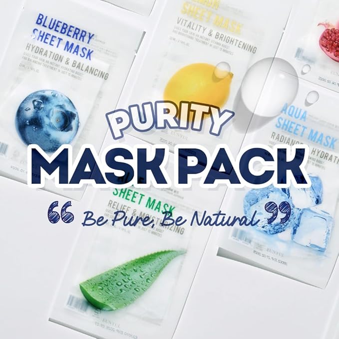 EUNYUL Purity Sheet Mask Variety Pack – 40 Count (8 Types x 5 Sheets), Hydrating & Nourishing Korean Face Masks with Aloe, Charcoal, Collagen, Lemon, Pomegranate, Pearl, Blueberry, Aqua
