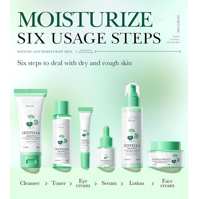 Centella Asiatica Skincare Set, 6 Piece Hydrating Skin Care Routine Kit Women Beauty Gift Set with Cleanser, Toner, Serum, Eye Cream, Lotion and Cream, Self Care Gifts For Teen Girls & Women