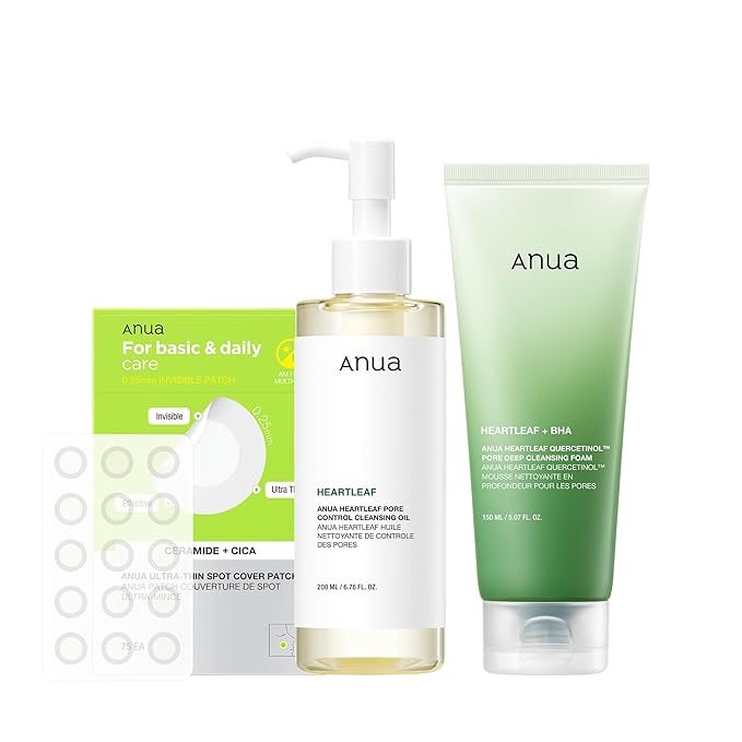 ANUA Pore Control Trio, Heartleaf Quercetinol Pore Deep Cleansing Foam (5.07 fl.oz.), Heartleaf Pore Control Cleansing Oil (6.76fl.oz), Ultra-Thin Spot Cover Patch (75 Counts)
