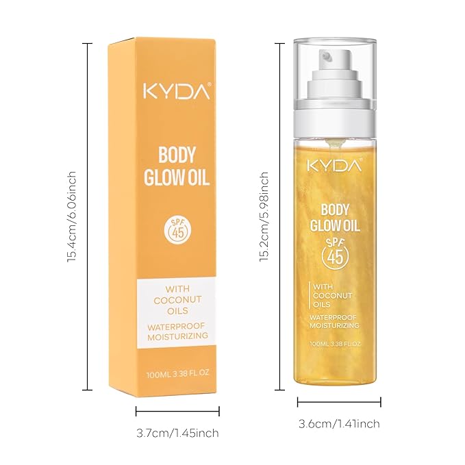 KYDA Travel Size Sunscreen,SPF 45 Sunscreen Spf Body Oil with Gold Mica, Sun-kissed Glow Skin Illuminator, Moisturizing Coconuts Summer Sunscreen,Water Resistant, 3.38 fl oz, GOLD