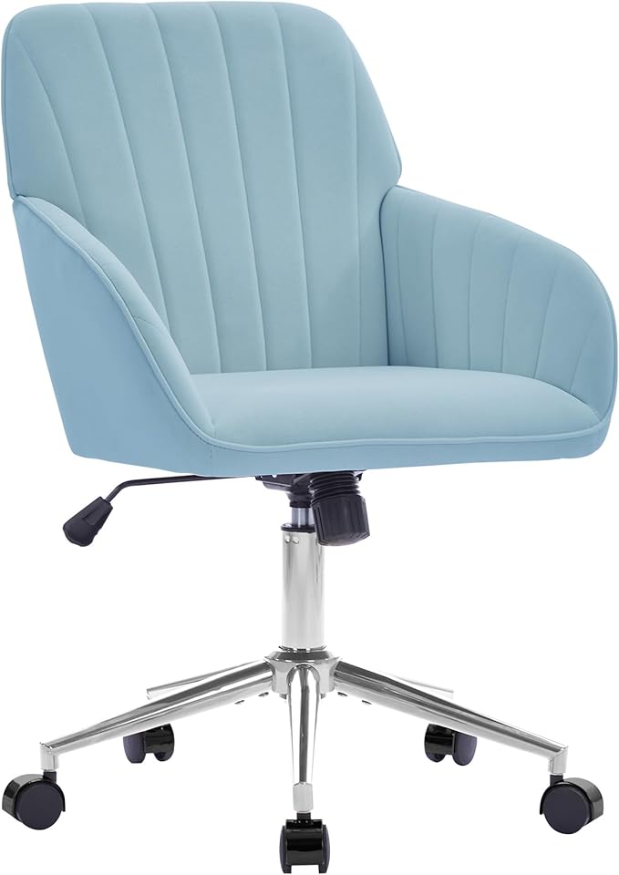 Velvet Home Office Desk Chair, Modern Cute Computer Task Chair with Back, Height Adjustable Upholstered Vanity Chair with Swivel Wheels for Women, Girls (Silver Base, Light Blue