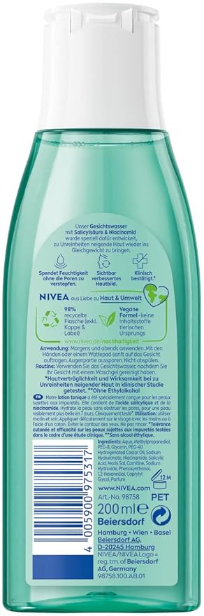 NIVEA Derma Skin Clear Facial Toner Cleansing Solution for Problem-Prone Skin, Vegan Formula with Niacinamide and Salicylic Acid, Alcohol-Free Daily Skin Care Toner, 6.76 fl oz (200 ml)