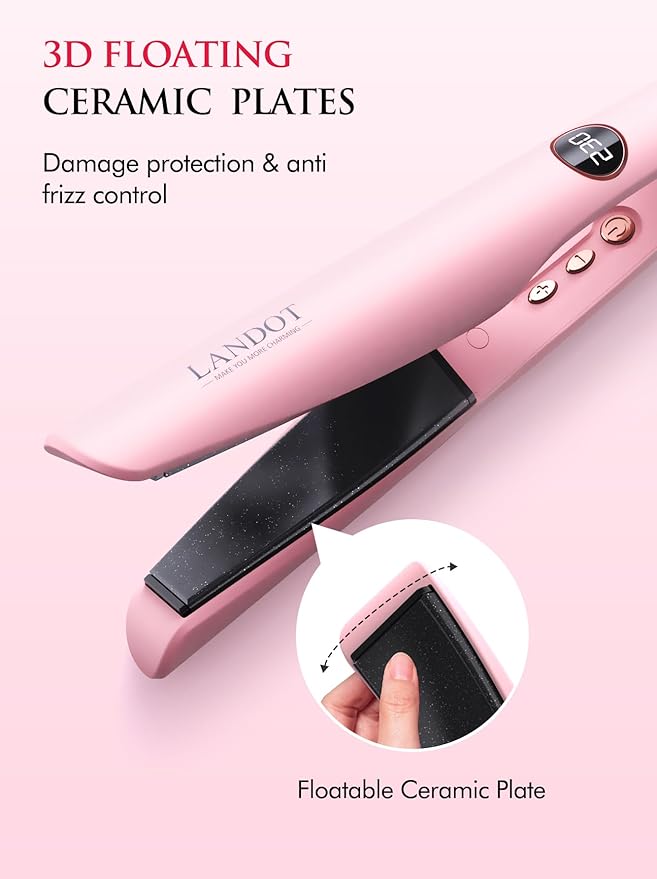 LANDOT 2-in-1 Hair Straightener and Curler - Pro 1" Multi-Styler with Twist & Curl Technology, Tourmaline Ceramic, Dual Voltage Adjust Temp 250-450°F for All Hair Types, Blush Pink