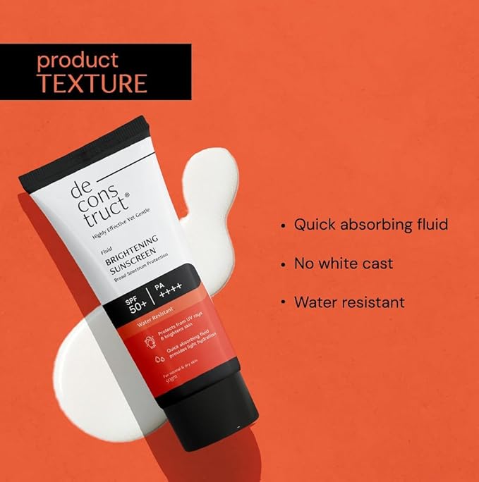 Deconstruct Brightening Fluid Sunscreen SPF 50+ with Niacinamide | Lightweight, Dewy & Hydrating for Dry & Normal Skin | Broad Spectrum UVA/UVB Protection | 8-Hour Long-Lasting, Water-Resistant | 50g