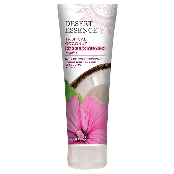 Desert Essence, Tropical Coconut Hand & Body Lotion 8 fl. oz. - Gluten Free - Vegan - Cruelty Free - Coconut Oil, Jojoba Oil & Vitamin E - Intense Hydration