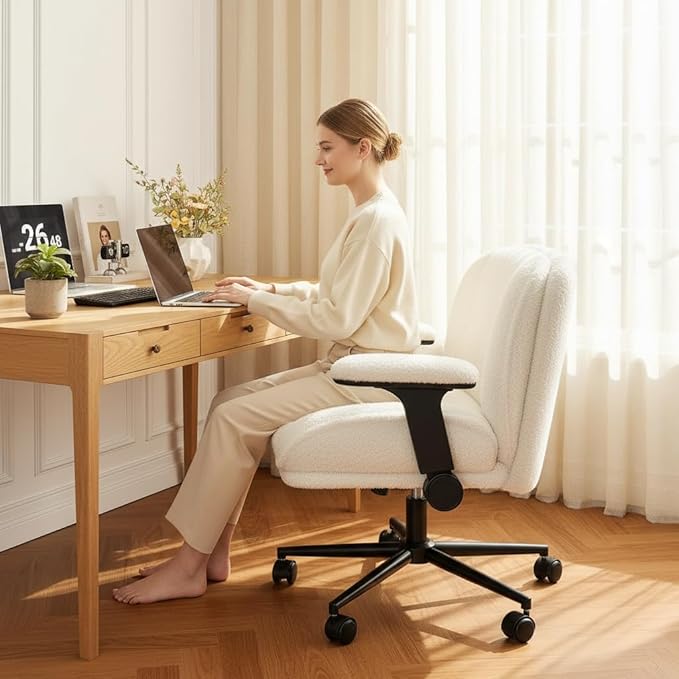 Criss Cross Chair with Wheels,Wide Cross Legged Office Chair with Flip-Up Arms,White Vanity Chair with Extra-Deep Seat Thickened for Home Office,Vanity, Apartment Dorms,Plush Cushion,Comfy