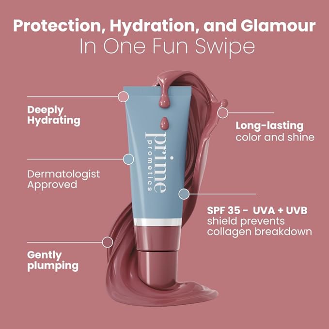 PRIME PROMETICS PrimeLip SPF 35 Lip Oil for Mature Women – UVA & UVB Shield – Intense, Long-Lasting Hydration – Vibrant Color & Non-Sticky, Shiny Gloss (Nude Rose)