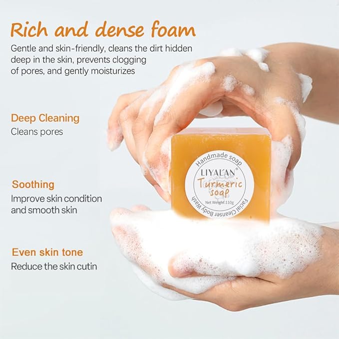 LIYALAN Turmeric Soap Bar for Face Body Smooth Skin,Deep Cleansing, Natural Vegan Handmade Soap Sensitive Skin Formula 3.88 oz x 1bar with a fresh ginger and lemongrass scent