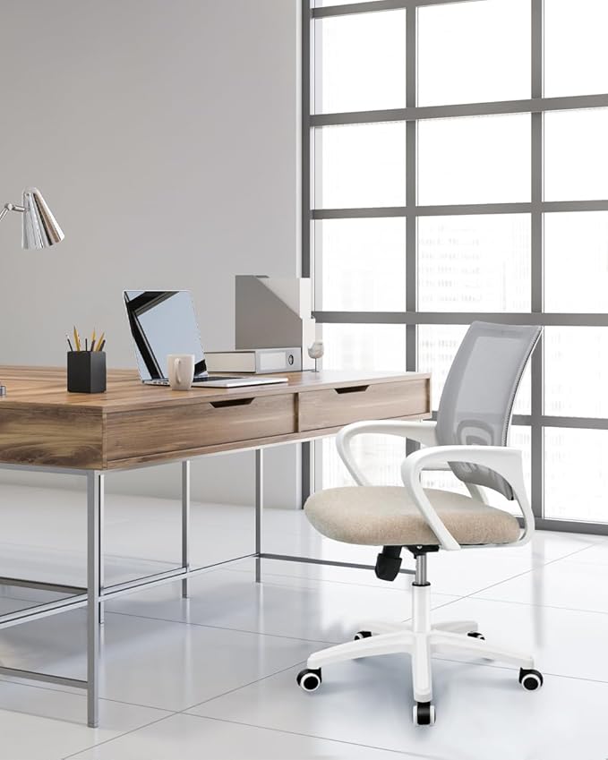 NEO CHAIR Office Desk Computer Chair Ergonomic Mesh Gaming Mid Back Seat with Comfy Lumbar Support Adjustable Height Swivel for Home Task (Beige)