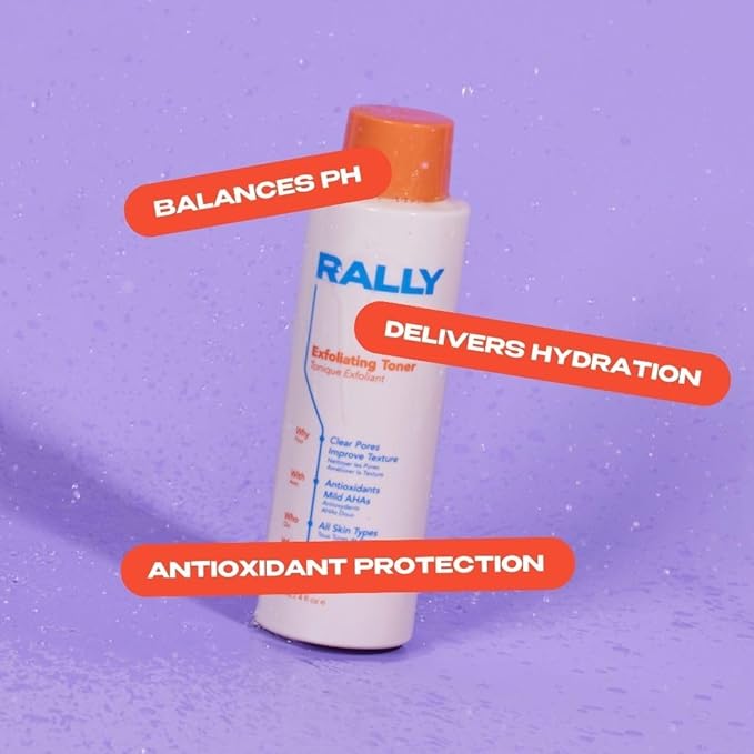 RALLY Daily Cleansing Exfoliating Toner with Mild Plant-Based AHAs | Waterless On-The-Go Cleanse | Clear Pores + Improve Texture | Refresh Teen + Post Workout Skin 4 OZ