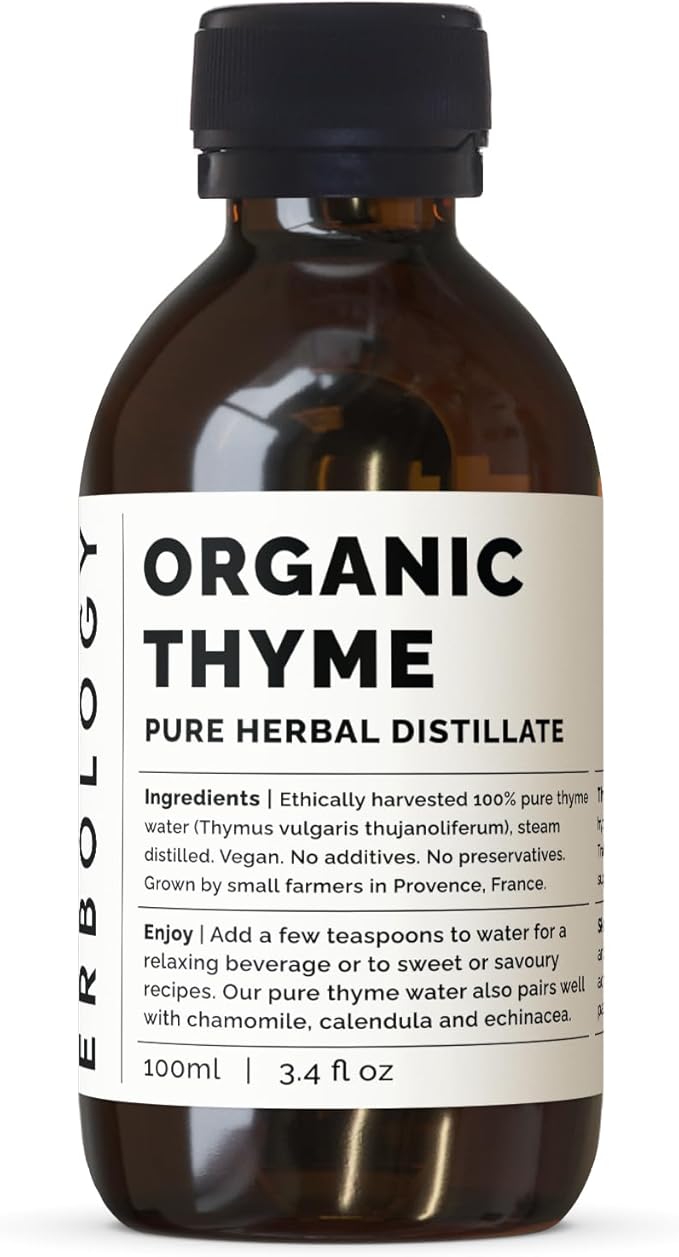 Erbology Organic Thyme Water 3.4 fl oz - Premium Food Grade Hydrolate of Thyme - Cleansing The Skin - Small Batch - Sustainably Sourced Straight from Farm in Provence, France