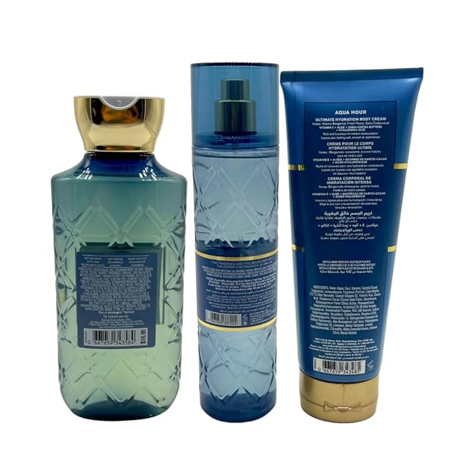 Bath & Body Works AQUA HOUR Fine Fragrance Mist, Ultimate Hydration Body Cream & Body Wash 3-piece Gift Set with a Red Bow for Holidays - Full Size