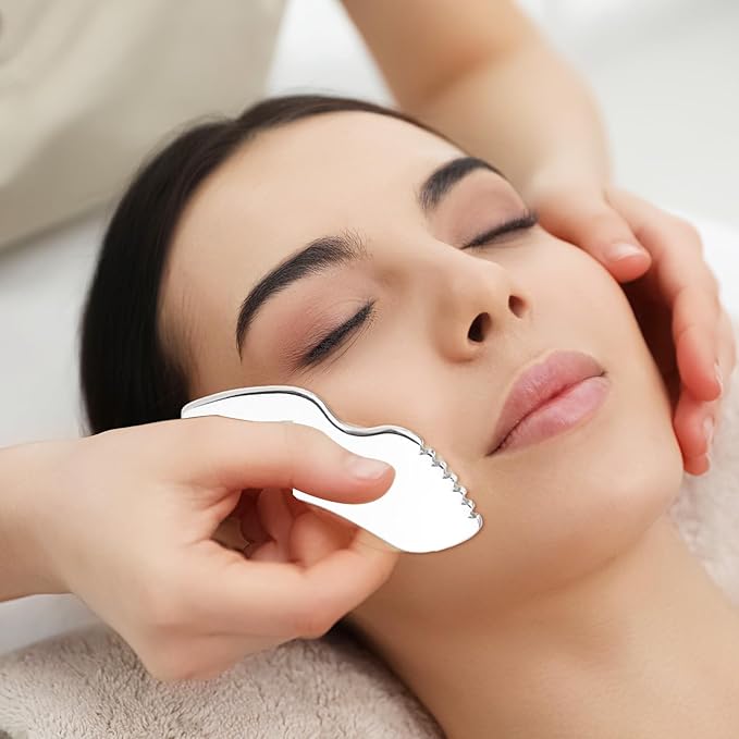 2Pcs Stainless Steel Gua Sha Facial Tools Metal Detail Gua Sha Stone Body Lymphatic Drainage Massager Face Guasha Face Sculpting Tool Skin Care with Gift Pouch Mother's Day Gifts