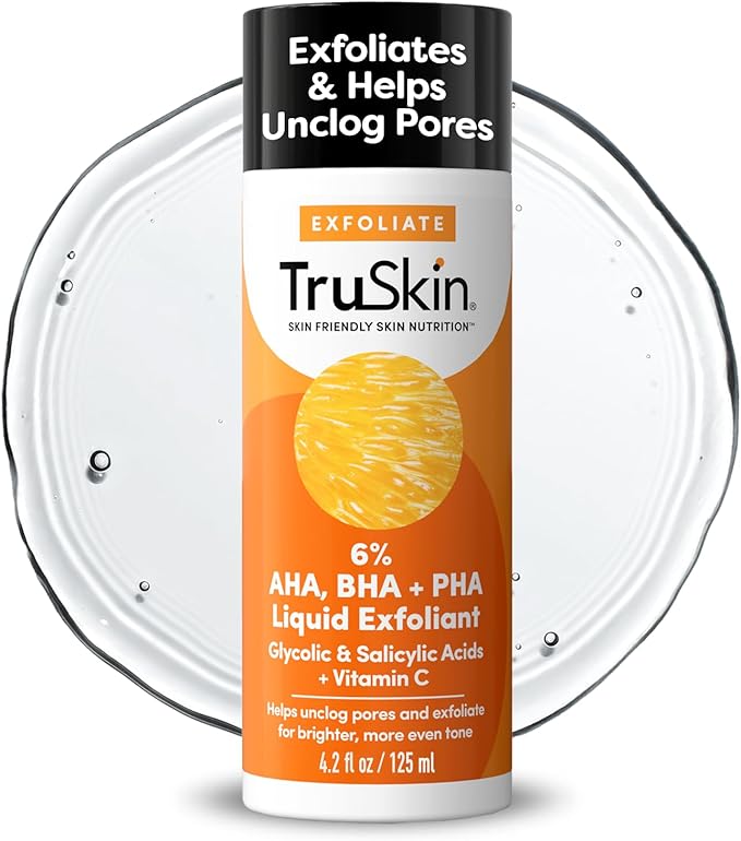 TruSkin BHA Liquid Exfoliant & Toner for Face - Triple Acid AHA BHA PHA Exfoliator with Salicylic, Glycolic Acid & Vitamin C - Improves Look of Tone & Texture, Unclogs Pores, 4.2 fl oz