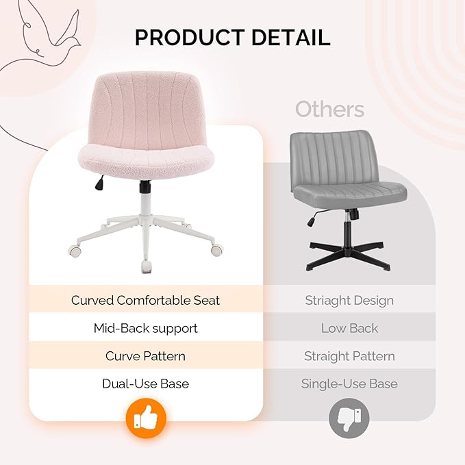 VINGLI Criss Cross Legged Chair,Wide Comfy Office Desk Chair,Dual-Use with/no Wheels Computer Task Chair,Swivel Armless Vanity Boucle Chair for Study,Make Up,Home Office,Teddy Fleece,Pink