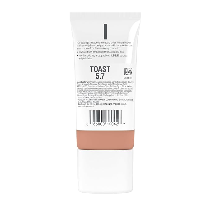 Neutrogena Clear Coverage Flawless Matte CC Cream, Full-Coverage Color Correcting Cream Face Makeup with Niacinamide (b3), Hypoallergenic, Oil Free & Fragrance Free, Toast, 1 oz (Pack of 2)