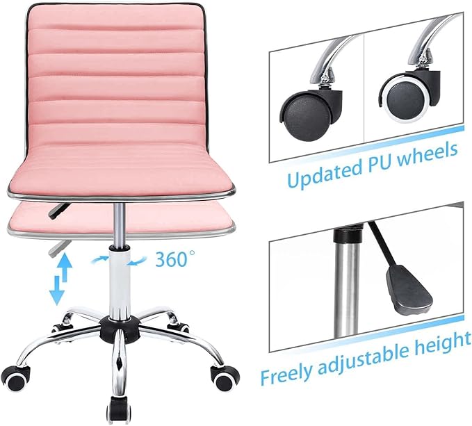 Furmax Vanity Office Desk Chair with Wheels, Armless Small Cute Leather Makeup Computer Task Chair Adjustable Height 360° Swivel (Pink)