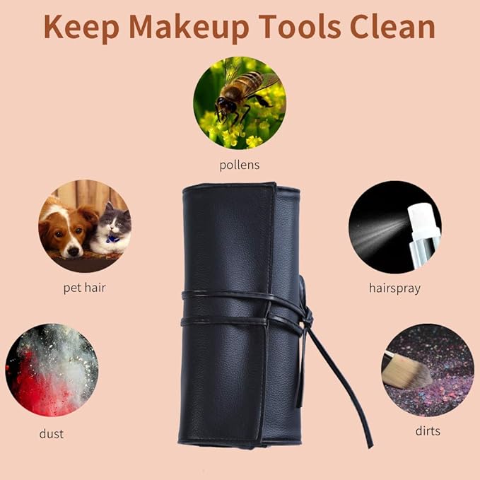 MOND'SUB Makeup Brush Case Travel, makeup brush case roll up,brush holder makeup,Holder Organizer Brushes Pouch Cosmetic Bag for Travel，Rolling Bag Storage Case PU Leather