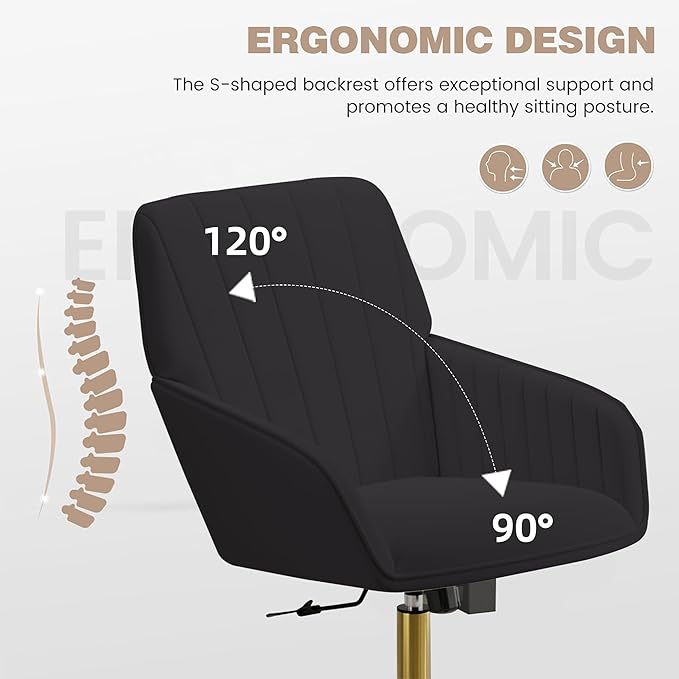 YISHENG Velvet Home Office Chairs with Gold Base, Height Adjustable 360 Degree Swivel Desk Chair with Wheels, Upholstered Tufted Modern Vanity Chairs for Living Room, Bedroom,Study Room (Black)