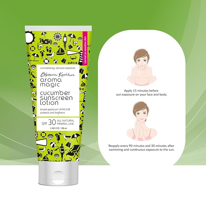 Aroma Magic Cucumber Sunscreen Lotion with SPF 30 | Non-Nano Zinc Oxide Mineral Sunblock | Broad Spectrum UVA/UVB Sun Protection | Soothes & Cools Sensitive Skin | 3.38 Fl Oz/100ml