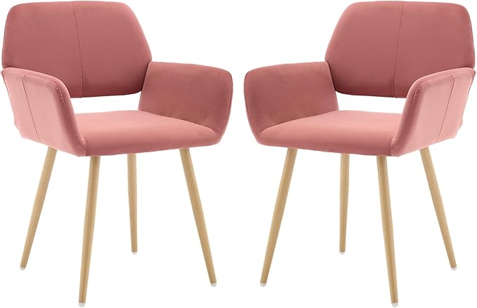 KCC Small Modern Dining Room Arm Chairs Set of 2, Mid-Century Upholstered Velvet Side Seat Club Guest with Metal Tube Legs for Kitchen, Living Room, Rose