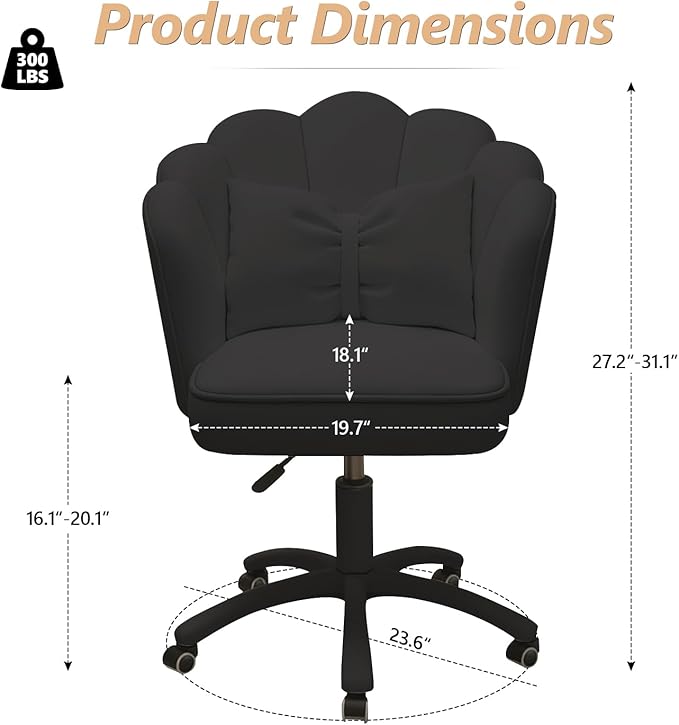 Home Office Desk Chair Swivel Rolling Vanity Chair with Silent Wheels and Comfortable Back, Adjustable Height Upholstered Computer Task Chair for Makeup, Bedroom