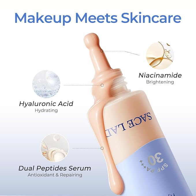 SACE LADY Bare Touch Skin Tint SPF 30, Skin-Like Serum Tinted Moisturizer Lasts Up to 16HR, Lightweight Natural Matte Glow Finish, Infused with Peptides and Hyaluronic Acid (#03 Natural)