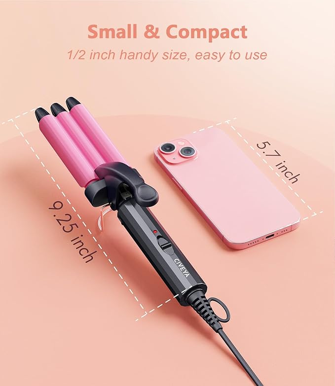 Mini Crimper for Short Hair 1/2 Inch, Small Crimper Hair Tool for Tight Beach Waves, 3 Barrel Waver with Argan Oil Infused, Easy to Use