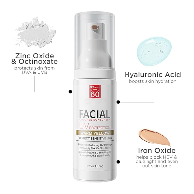 Tinted Mineral Face Sunscreen SPF 60, Tinted Moisturizer with SPF & Hyaluronic Acid, Mineral Sunscreen for Dry Sensitive Skin, Against UVA and UVB Rays, Ultra-Lightweight, Non-Greasy