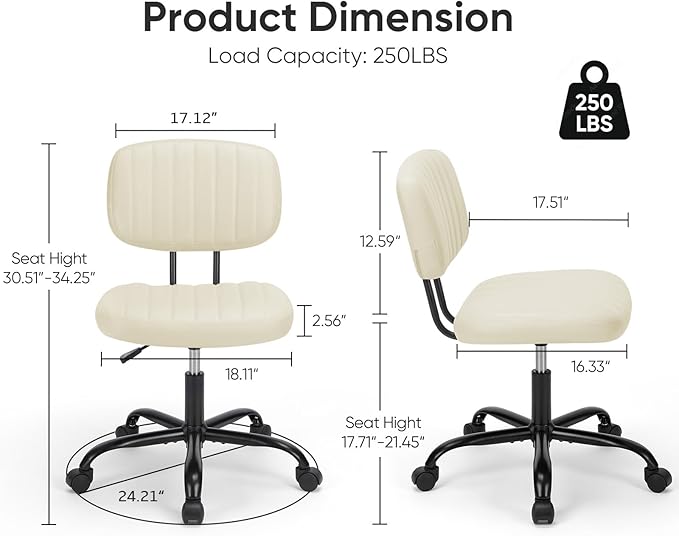 DUMOS Small Office Desk Chair - Armless PU Leather with Comfy Lumbar Support, Height Adjustable Rolling Swivel Task for No Arms, for Adult, Student, Bedroom, Home, Vanity, Beige White