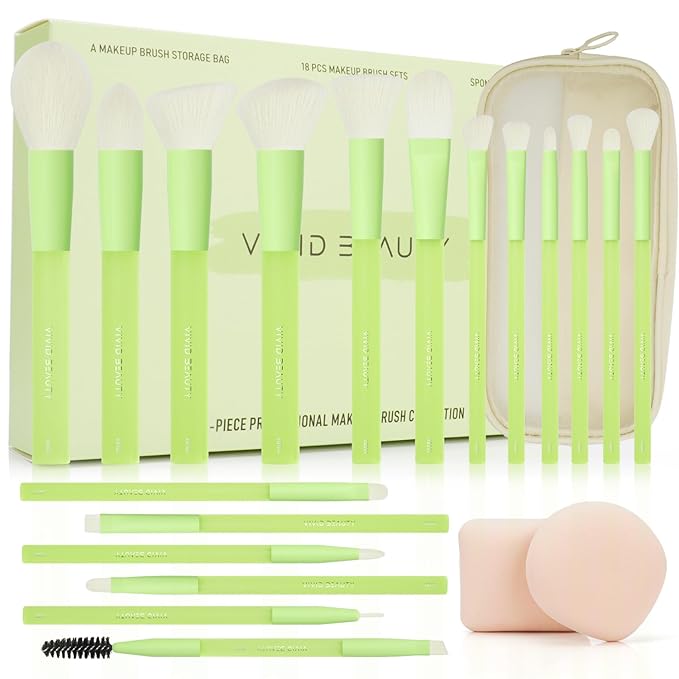 Green Makeup Brush Set – 18PCS Makeup Brushes with 2 Sponges & Travel Bag, Soft Cosmetic Brushes for Foundation, Powder, Blush, Eyeshadow – Professional & Beginner Beauty Brush Kit for Women
