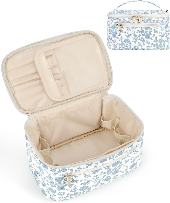 Wandering Nature Makeup Bag, Travel Make Up Organizer Cosmetic Brush Bags Case for Women in Quilted Fabric, Blue Flower, Patent Pending