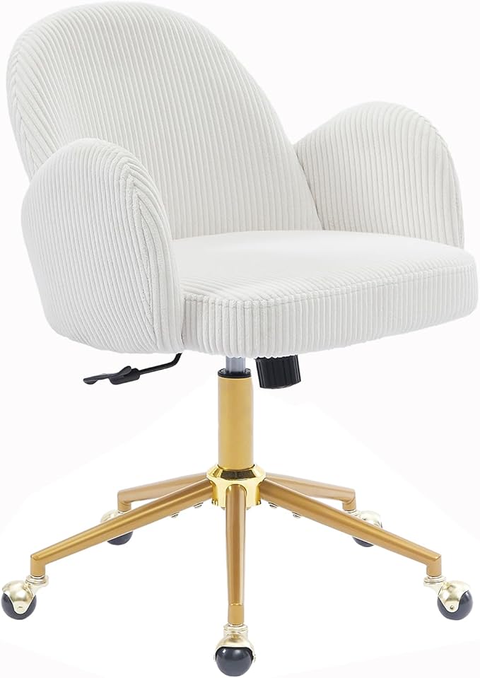 Home Office Chair with Petal Backrest, Corduroy Upholstered Desk Chair with Adjustable Swivel Wheels, Ergonomic Chairs for Living Room, Bedroom, Office, Study, Flower Cute Girls Vanity Chair(Beige)